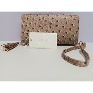 Jen & Co Nwt Tan Vegan  Ostrich Leather Clutch Wristlet Wallet 7" × 3.75"